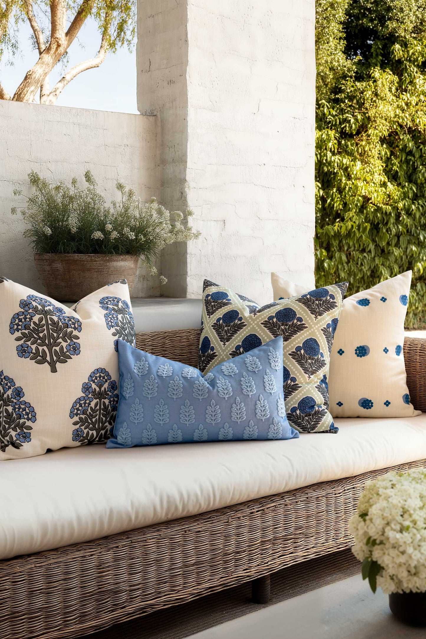 Chartelle Indoor Outdoor Throw Pillow Cover, Block Print Vintage Hydrangea Flowers, Azure Light Green, 20"x20"