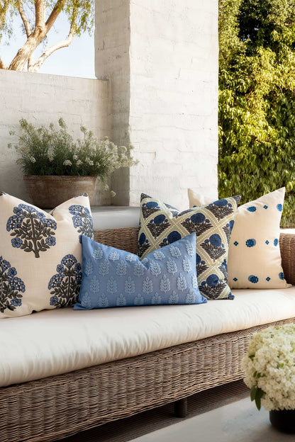 Chartelle Indoor Outdoor Throw Pillow Cover, Block Print Vintage Hydrangea Flowers, Azure Light Green, 20"x20"