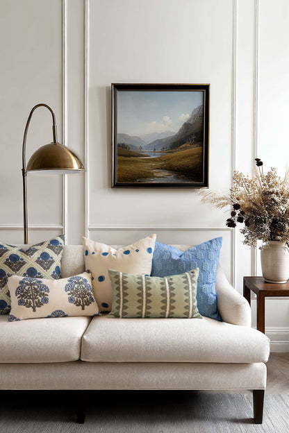 Chartelle Indoor Outdoor Throw Pillow Cover, Block Print Vintage Hydrangea Flowers, Azure Light Green, 20"x20"