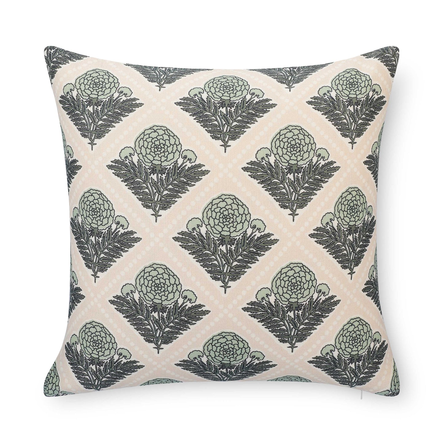 Chartelle Indoor Outdoor Throw Pillow Cover, Block Print Vintage Hydrangea Flowers, Earth Tone Light Green Tan, 20"x20"