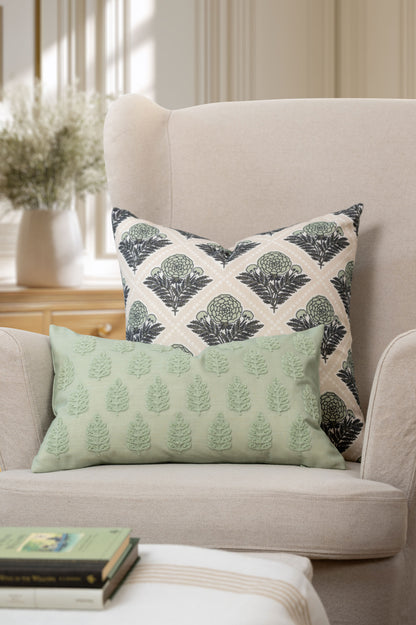 Chartelle Indoor Outdoor Throw Pillow Cover, Block Print Vintage Hydrangea Flowers, Earth Tone Light Green Tan, 20"x20"