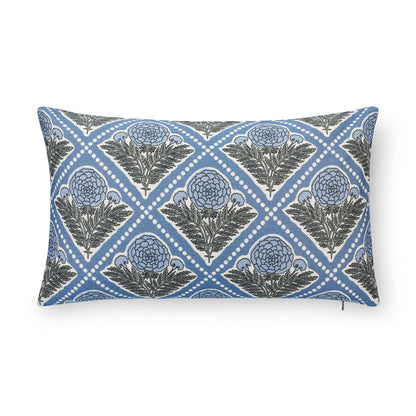 Chartelle Indoor Outdoor Lumbar Pillow Cover, Block Print Vintage Hydrangea Flowers, Azure Light Blue, 12"x20"