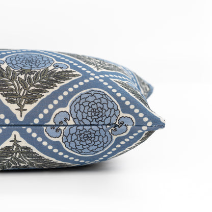 Chartelle Indoor Outdoor Lumbar Pillow Cover, Block Print Vintage Hydrangea Flowers, Azure Light Blue, 12"x20"