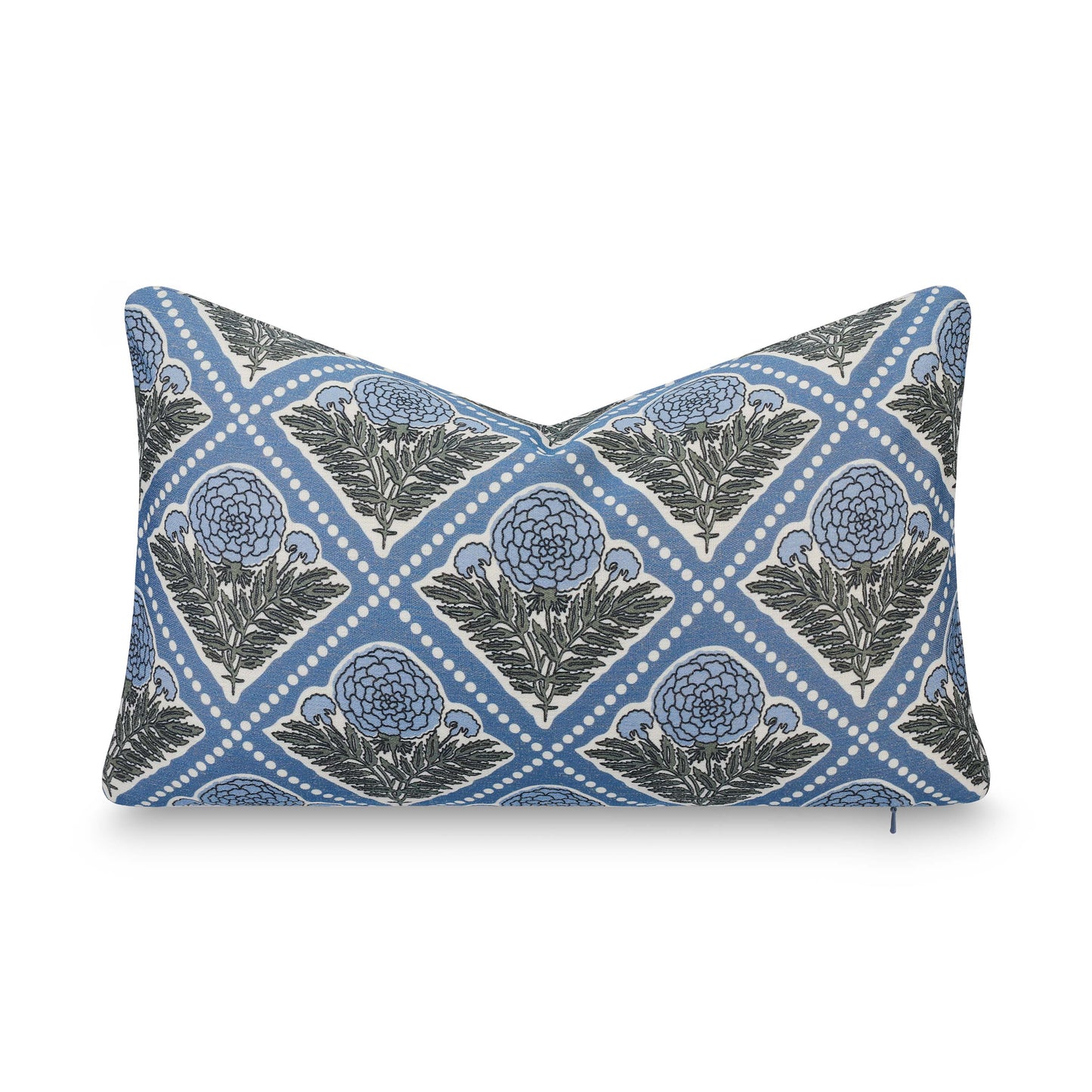 Chartelle Indoor Outdoor Lumbar Pillow Cover, Block Print Vintage Hydrangea Flowers, Azure Light Blue, 12"x20"