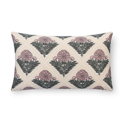 Chartelle Indoor Outdoor Lumbar Pillow Cover, Block Print Vintage Hydrangea Flowers, Earth Tone Dark Rose Tan, 12"x20"