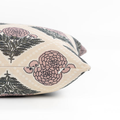 Chartelle Indoor Outdoor Lumbar Pillow Cover, Block Print Vintage Hydrangea Flowers, Earth Tone Dark Rose Tan, 12"x20"