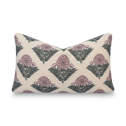 Chartelle Indoor Outdoor Lumbar Pillow Cover, Block Print Vintage Hydrangea Flowers, Earth Tone Dark Rose Tan, 12"x20"