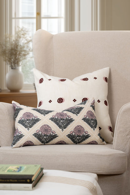 Chartelle Indoor Outdoor Lumbar Pillow Cover, Block Print Vintage Hydrangea Flowers, Earth Tone Dark Rose Tan, 12"x20"