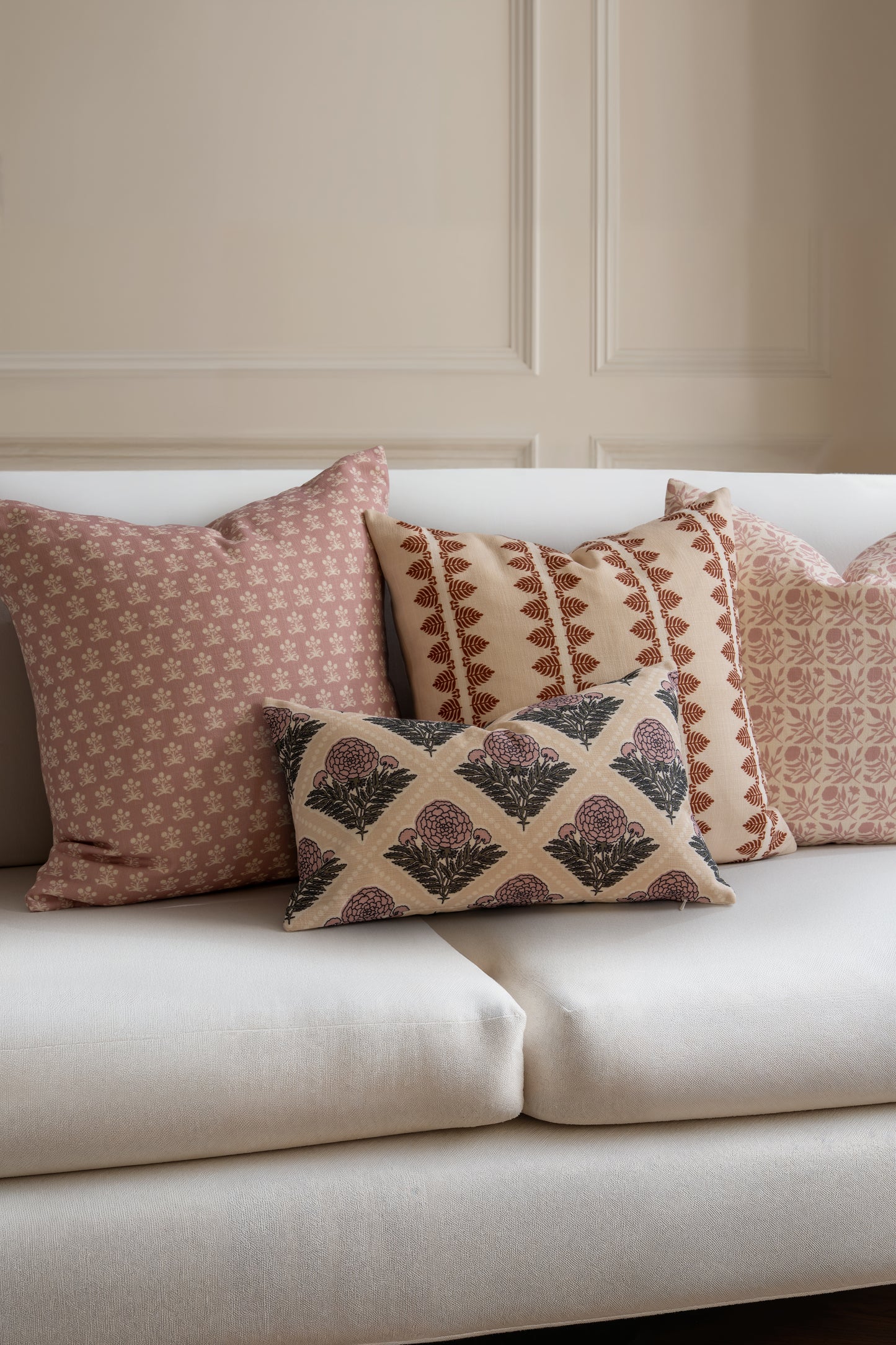 Chartelle Indoor Outdoor Lumbar Pillow Cover, Block Print Vintage Hydrangea Flowers, Earth Tone Dark Rose Tan, 12"x20"
