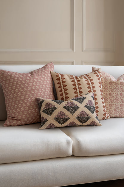 Chartelle Indoor Outdoor Lumbar Pillow Cover, Block Print Vintage Hydrangea Flowers, Earth Tone Dark Rose Tan, 12"x20"
