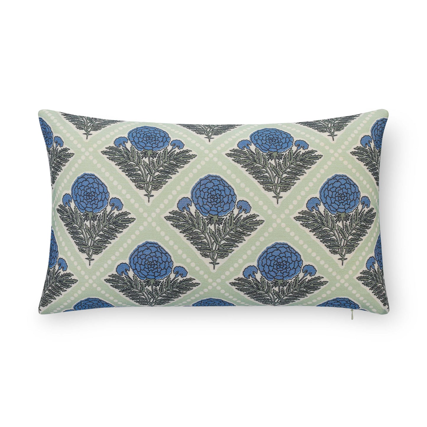 Chartelle Indoor Outdoor Lumbar Pillow Cover, Block Print Vintage Hydrangea Flowers, Azure Light Green, 12"x20"