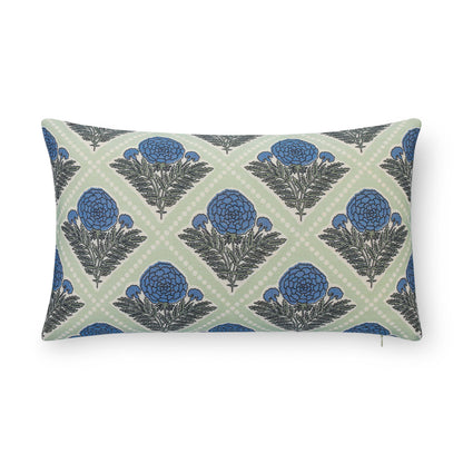 Chartelle Indoor Outdoor Lumbar Pillow Cover, Block Print Vintage Hydrangea Flowers, Azure Light Green, 12"x20"