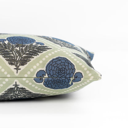 Chartelle Indoor Outdoor Lumbar Pillow Cover, Block Print Vintage Hydrangea Flowers, Azure Light Green, 12"x20"