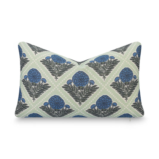 Chartelle Indoor Outdoor Lumbar Pillow Cover, Block Print Vintage Hydrangea Flowers, Azure Light Green, 12"x20"