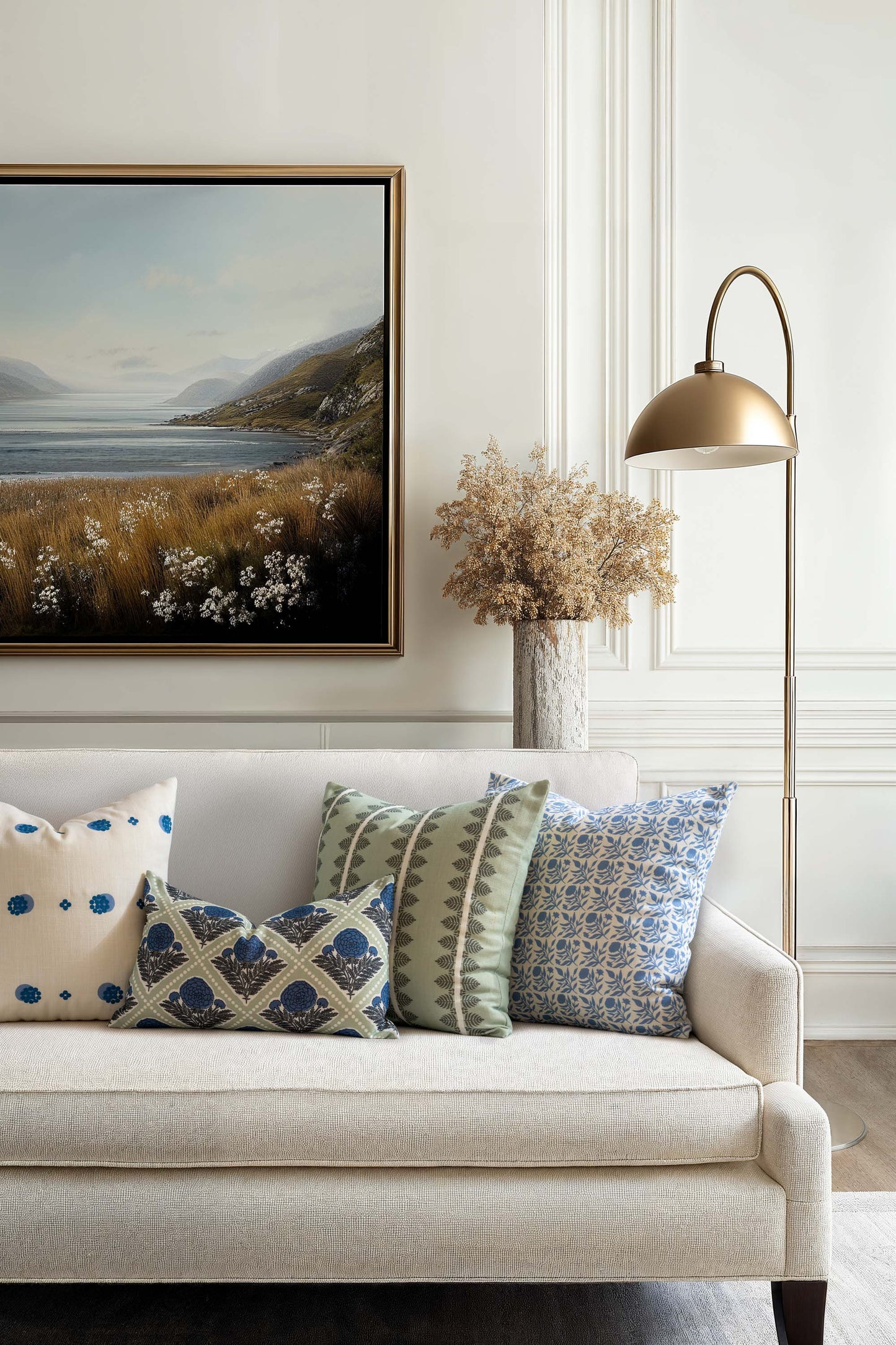Chartelle Indoor Outdoor Lumbar Pillow Cover, Block Print Vintage Hydrangea Flowers, Azure Light Green, 12"x20"