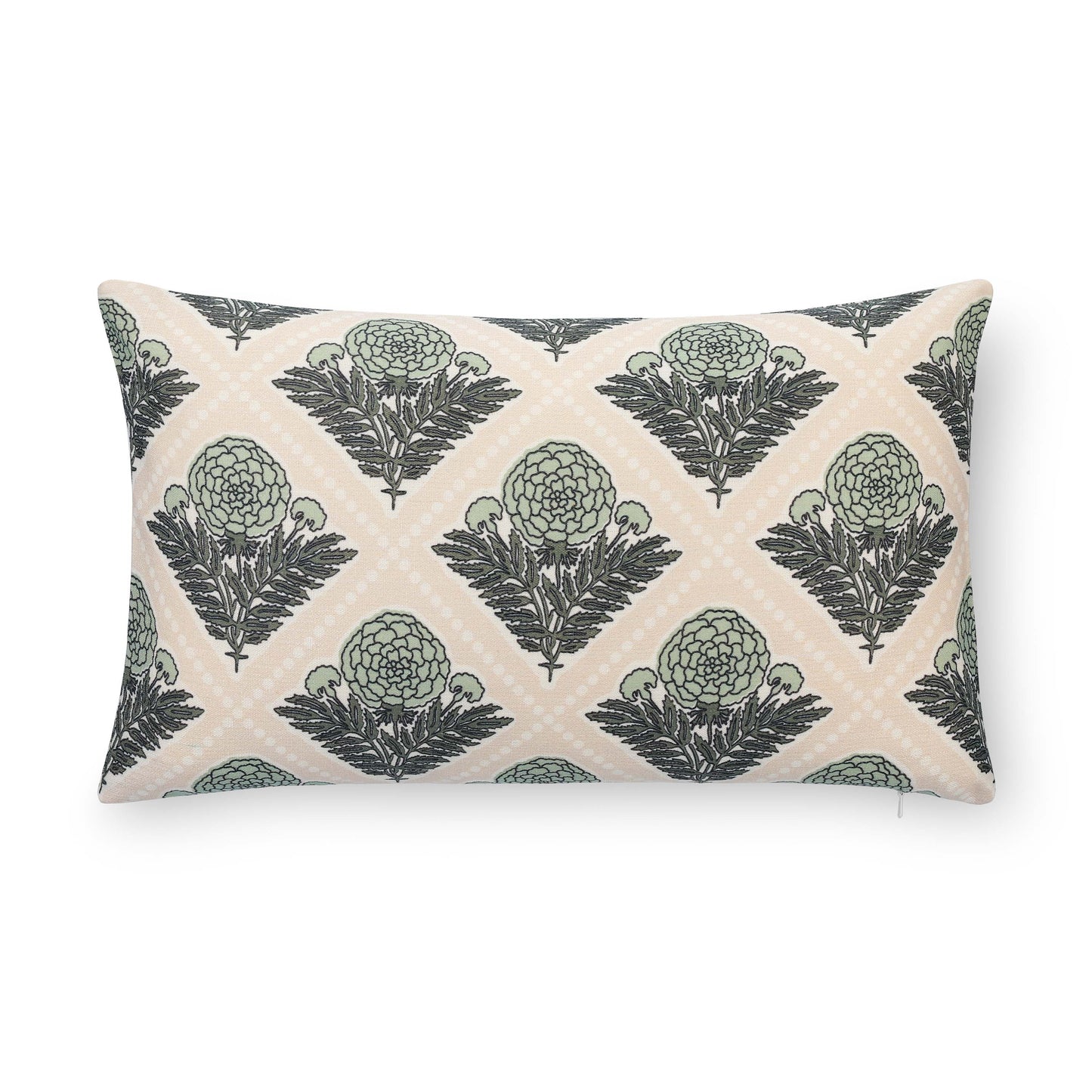 Chartelle Indoor Outdoor Lumbar Pillow Cover, Block Print Vintage Hydrangea Flowers, Earth Tone Light Green Tan, 12"x20"
