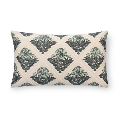 Chartelle Indoor Outdoor Lumbar Pillow Cover, Block Print Vintage Hydrangea Flowers, Earth Tone Light Green Tan, 12"x20"