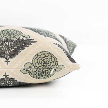 Chartelle Indoor Outdoor Lumbar Pillow Cover, Block Print Vintage Hydrangea Flowers, Earth Tone Light Green Tan, 12"x20"