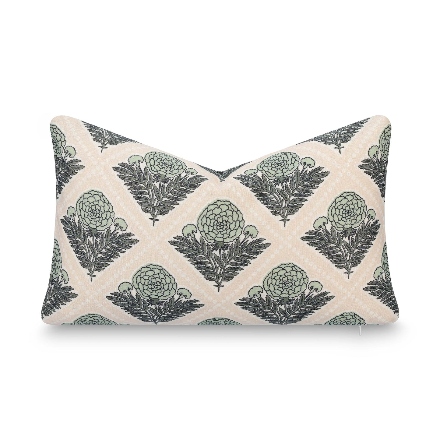 Chartelle Indoor Outdoor Lumbar Pillow Cover, Block Print Vintage Hydrangea Flowers, Earth Tone Light Green Tan, 12"x20"
