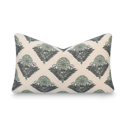 Chartelle Indoor Outdoor Lumbar Pillow Cover, Block Print Vintage Hydrangea Flowers, Earth Tone Light Green Tan, 12"x20"