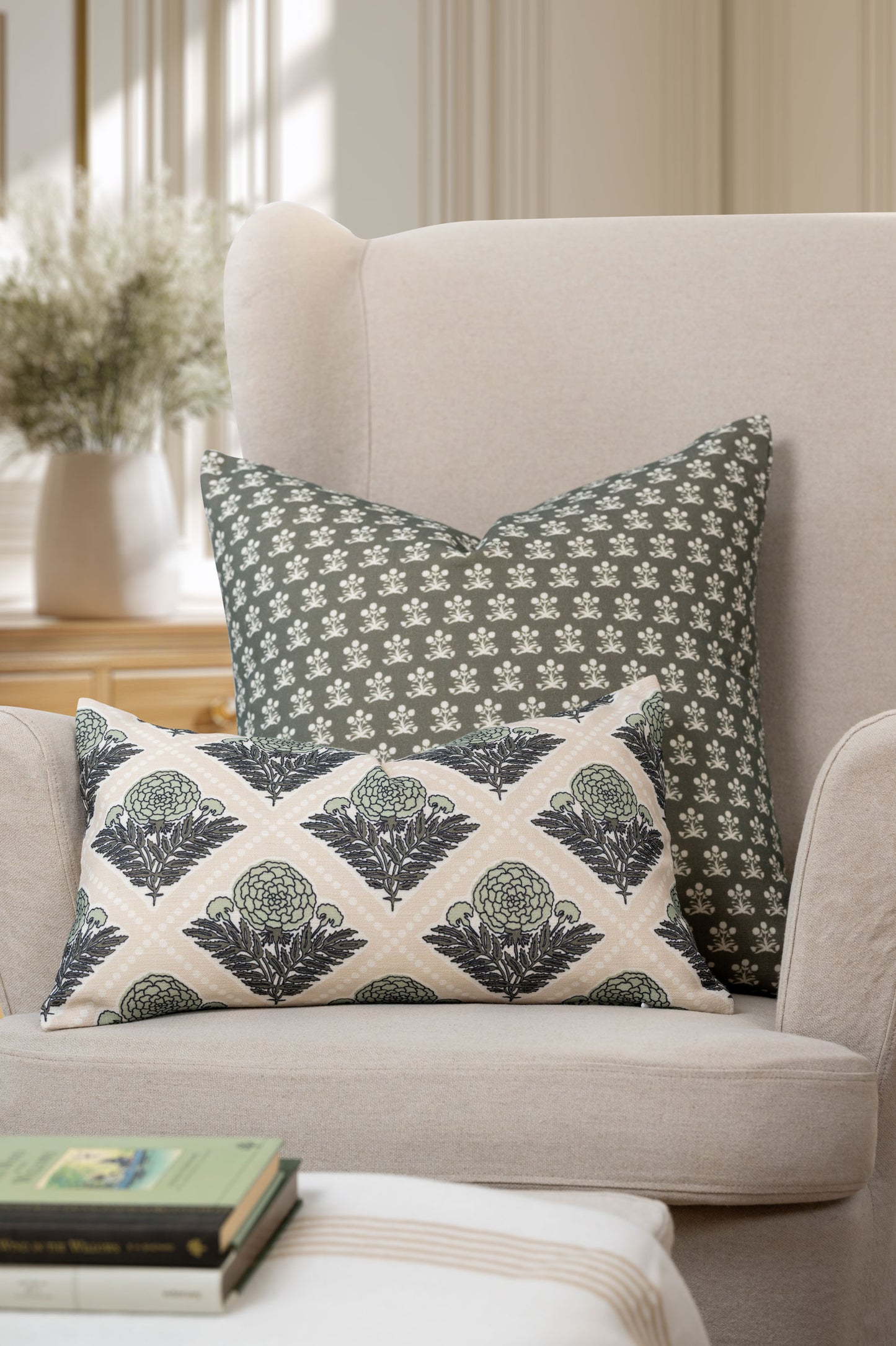 Chartelle Indoor Outdoor Lumbar Pillow Cover, Block Print Vintage Hydrangea Flowers, Earth Tone Light Green Tan, 12"x20"
