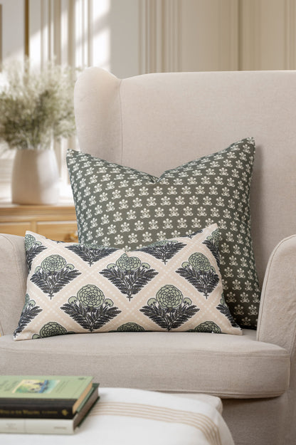 Chartelle Indoor Outdoor Lumbar Pillow Cover, Block Print Vintage Hydrangea Flowers, Earth Tone Light Green Tan, 12"x20"