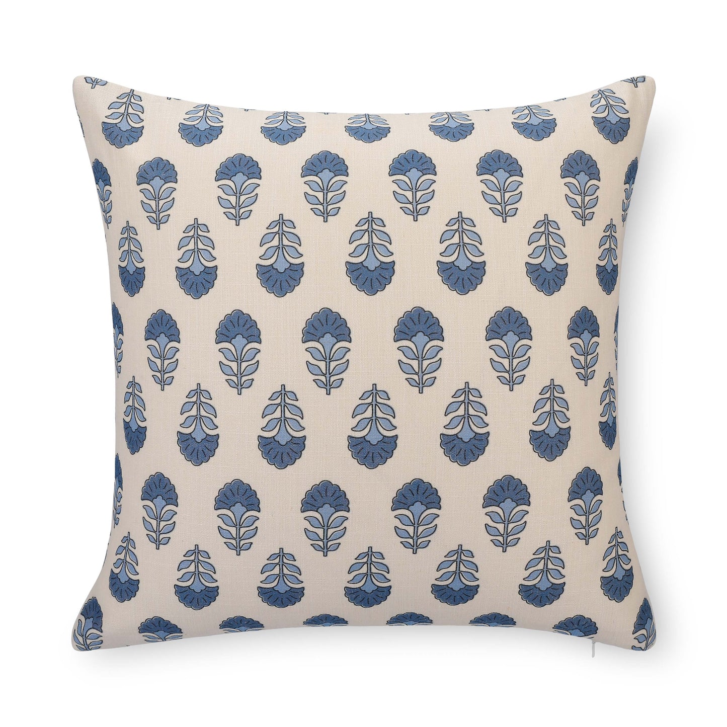 Monterra Indoor Outdoor Throw Pillow Cover, Block Print Flowers, Earth Tone Azure Blue Neutral, 20"x20"