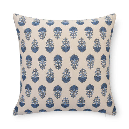 Monterra Indoor Outdoor Throw Pillow Cover, Block Print Flowers, Earth Tone Azure Blue Neutral, 20"x20"