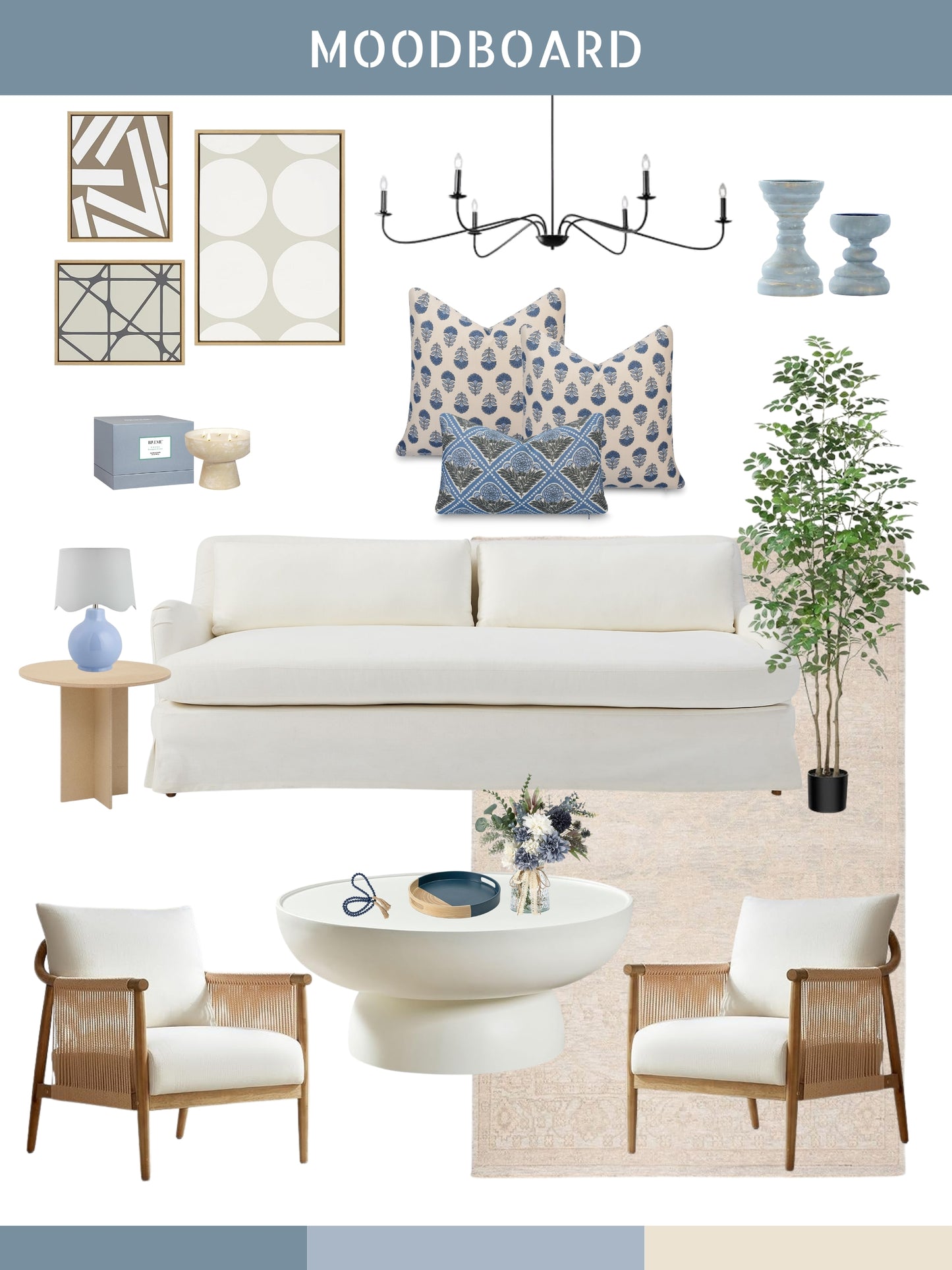 Monterra Indoor Outdoor Throw Pillow Cover, Block Print Flowers, Earth Tone Azure Blue Neutral, 20"x20"