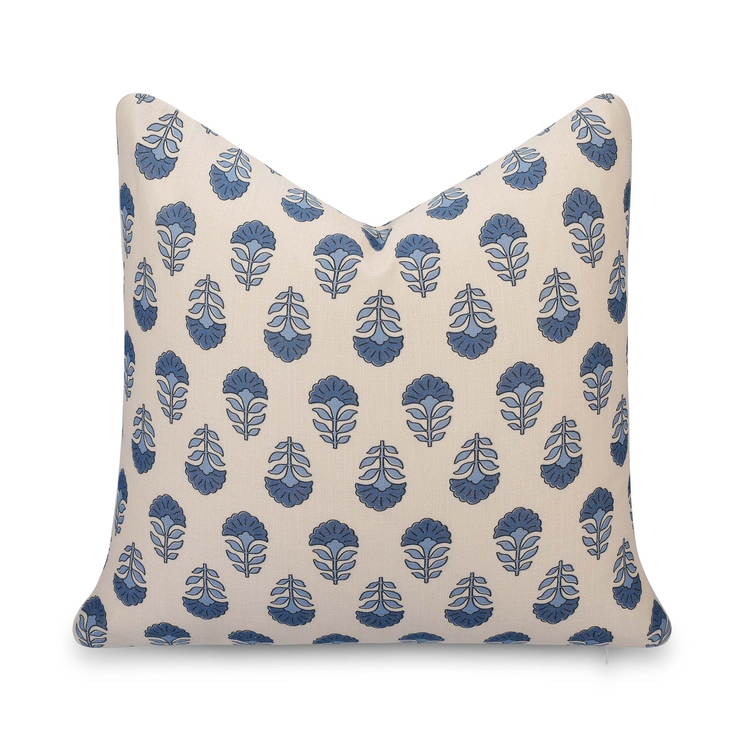 Monterra Indoor Outdoor Throw Pillow Cover, Block Print Flowers, Earth Tone Azure Blue Neutral, 20"x20"