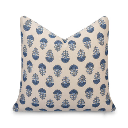 Monterra Indoor Outdoor Throw Pillow Cover, Block Print Flowers, Earth Tone Azure Blue Neutral, 20"x20"