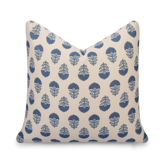 Monterra Indoor Outdoor Throw Pillow Cover, Block Print Flowers, Earth Tone Azure Blue Neutral, 20"x20"