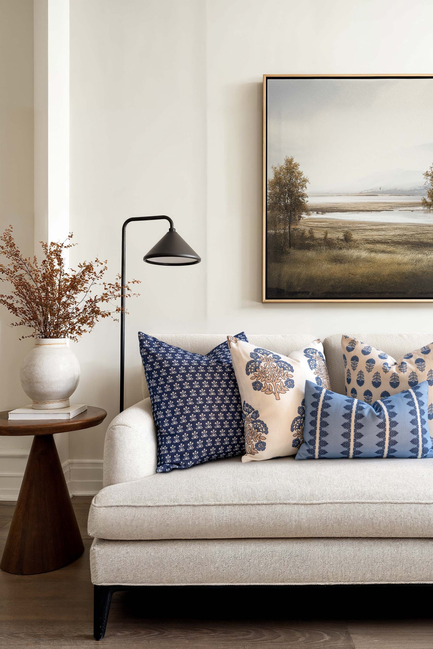 Monterra Indoor Outdoor Throw Pillow Cover, Block Print Flowers, Earth Tone Azure Blue Neutral, 20"x20"