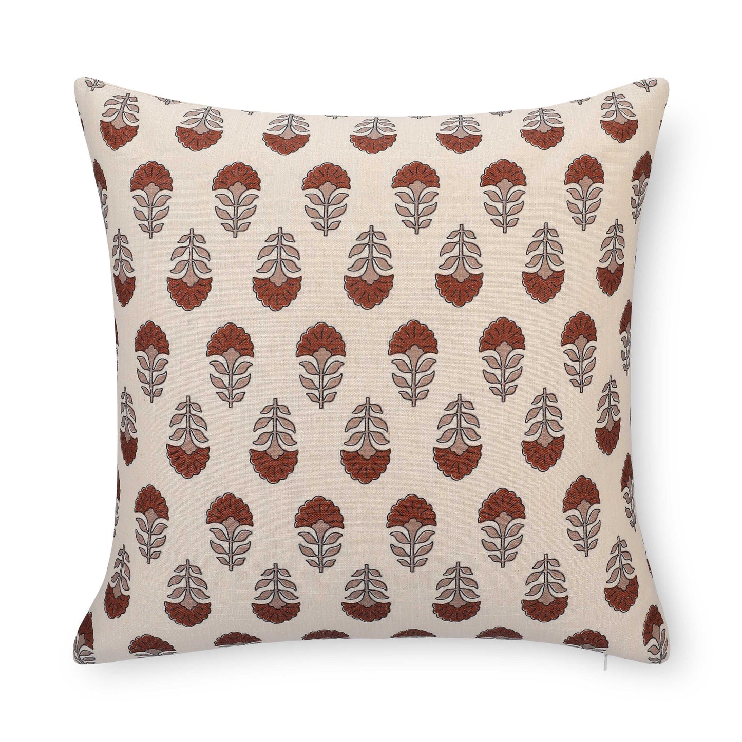 Monterra Indoor Outdoor Throw Pillow Cover, Block Print Flowers, Earth Tone Rust Orange Neutral, 20"x20"
