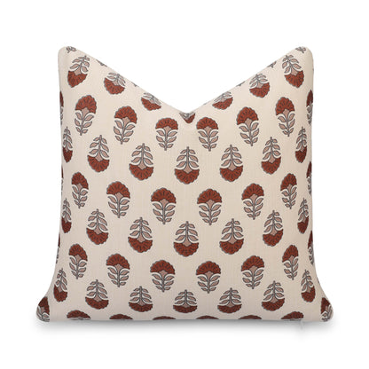 Monterra Indoor Outdoor Throw Pillow Cover, Block Print Flowers, Earth Tone Rust Orange Neutral, 20"x20"