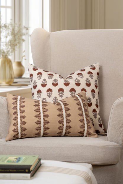 Monterra Indoor Outdoor Throw Pillow Cover, Block Print Flowers, Earth Tone Rust Orange Neutral, 20"x20"