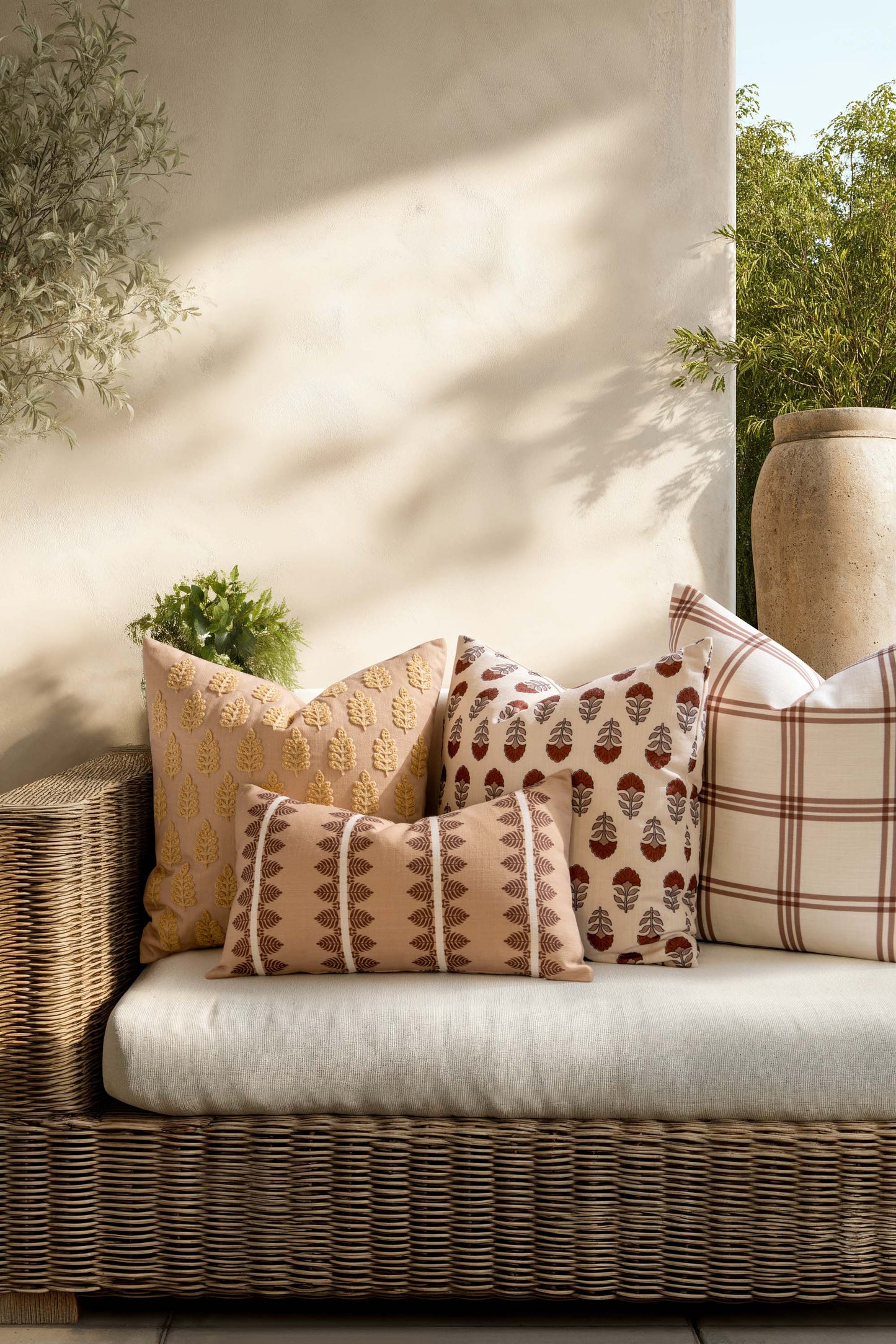 Monterra Indoor Outdoor Throw Pillow Cover, Block Print Flowers, Earth Tone Rust Orange Neutral, 20"x20"