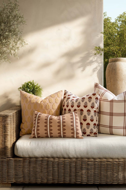 Monterra Indoor Outdoor Throw Pillow Cover, Block Print Flowers, Earth Tone Rust Orange Neutral, 20"x20"