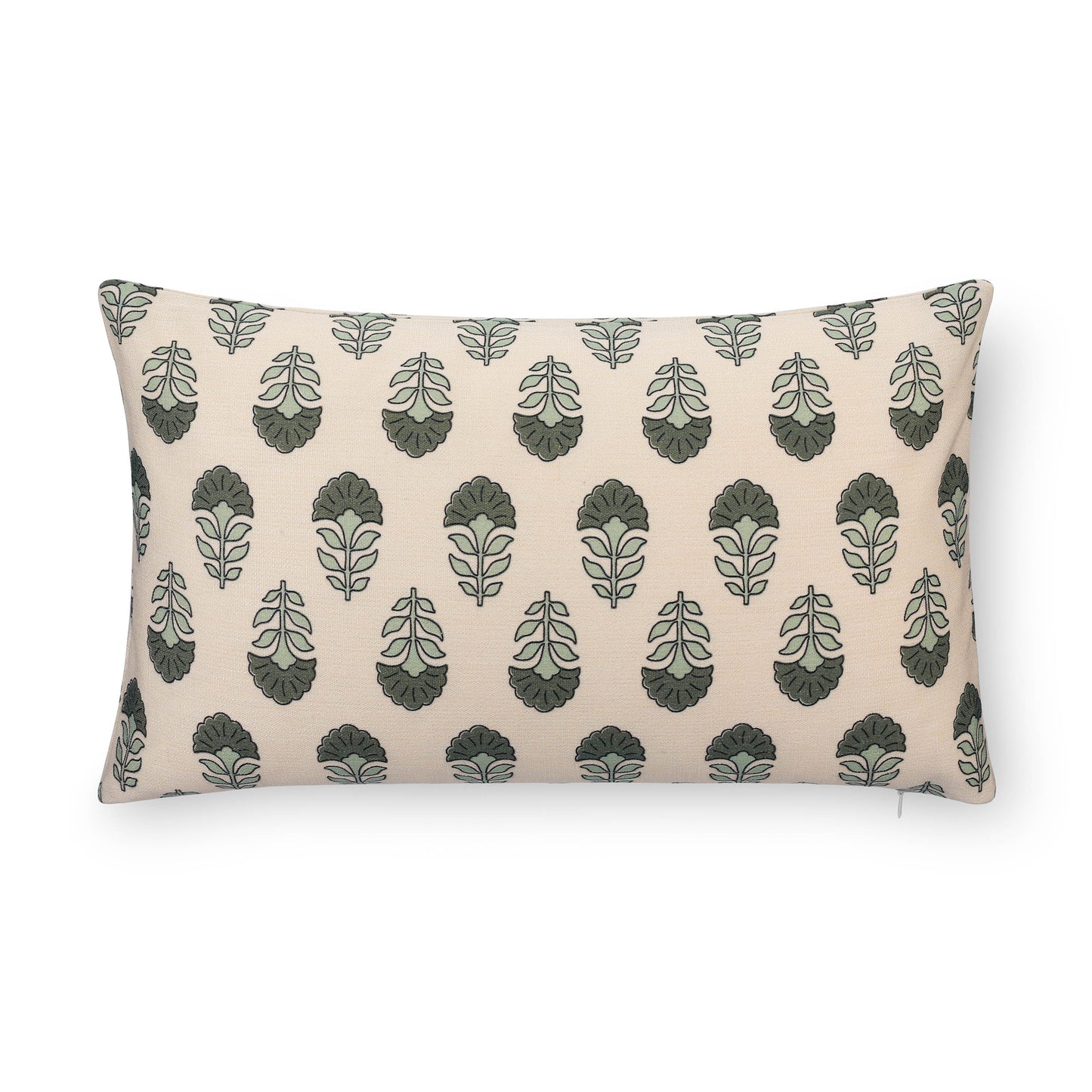 Monterra Indoor Outdoor Lumbar Pillow Cover, Block Print Flowers, Earth Tone Olive Green Neutral, 12"x20"
