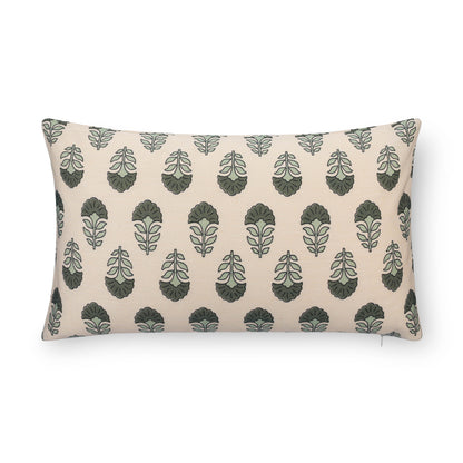 Monterra Indoor Outdoor Lumbar Pillow Cover, Block Print Flowers, Earth Tone Olive Green Neutral, 12"x20"
