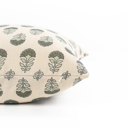 Monterra Indoor Outdoor Lumbar Pillow Cover, Block Print Flowers, Earth Tone Olive Green Neutral, 12"x20"