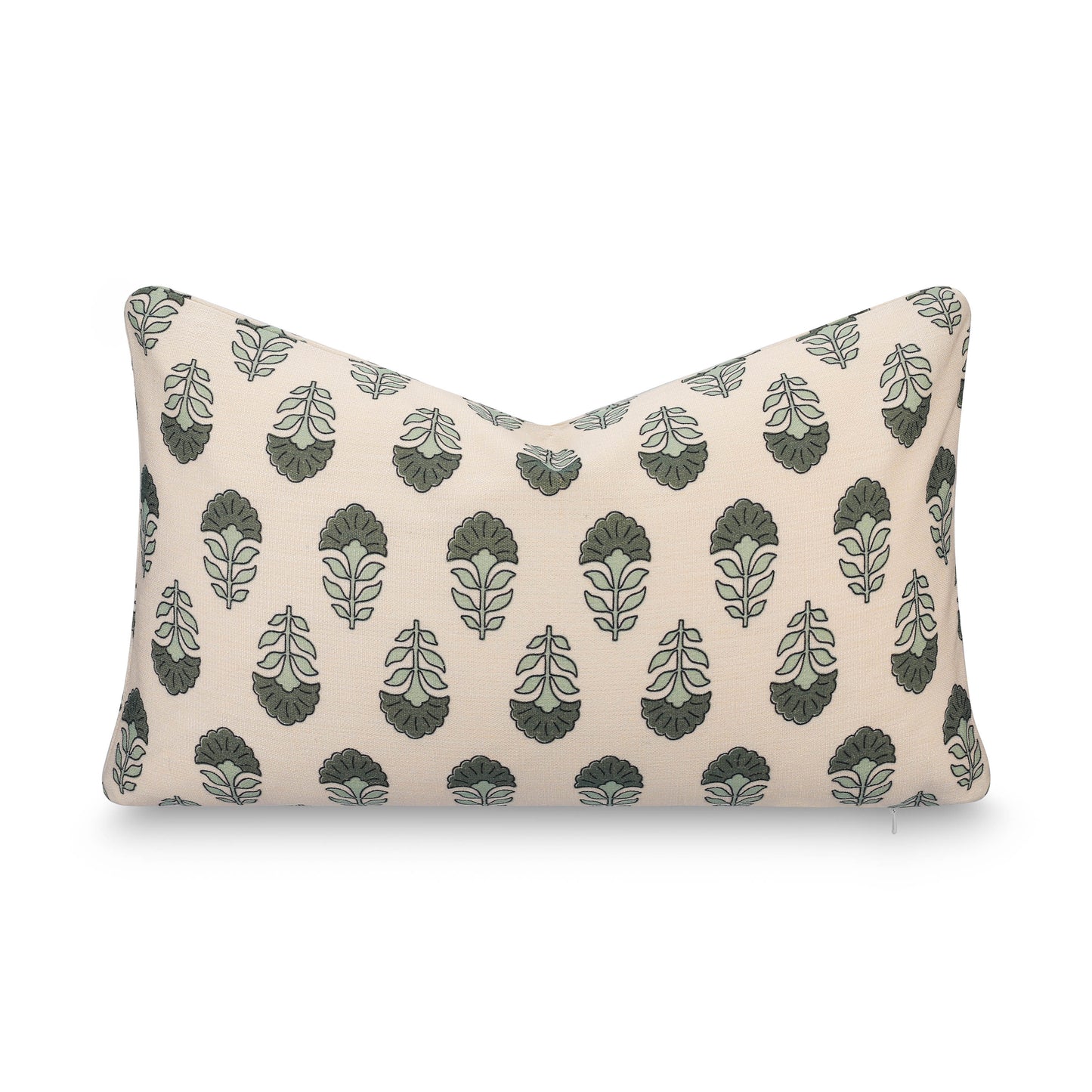 Monterra Indoor Outdoor Lumbar Pillow Cover, Block Print Flowers, Earth Tone Olive Green Neutral, 12"x20"