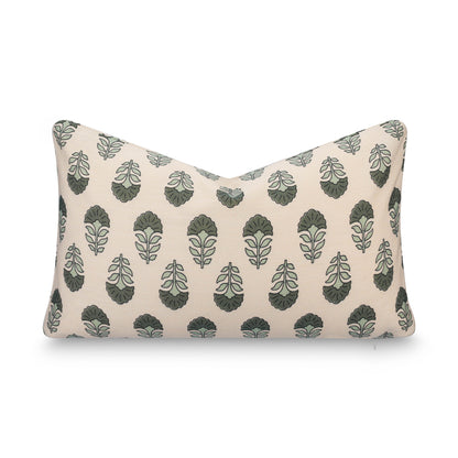 Monterra Indoor Outdoor Lumbar Pillow Cover, Block Print Flowers, Earth Tone Olive Green Neutral, 12"x20"