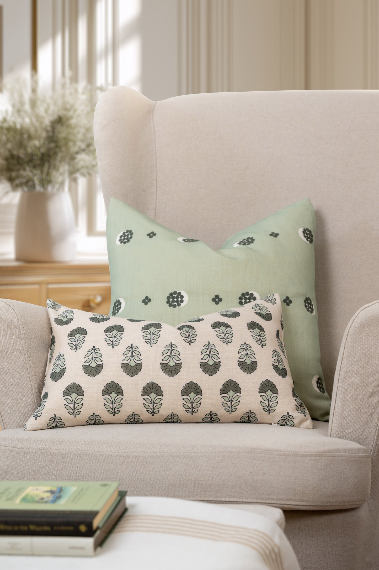 Monterra Indoor Outdoor Lumbar Pillow Cover, Block Print Flowers, Earth Tone Olive Green Neutral, 12"x20"