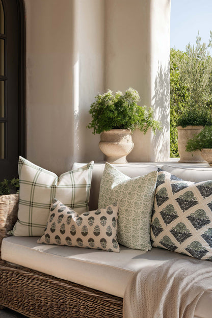 Monterra Indoor Outdoor Lumbar Pillow Cover, Block Print Flowers, Earth Tone Olive Green Neutral, 12"x20"