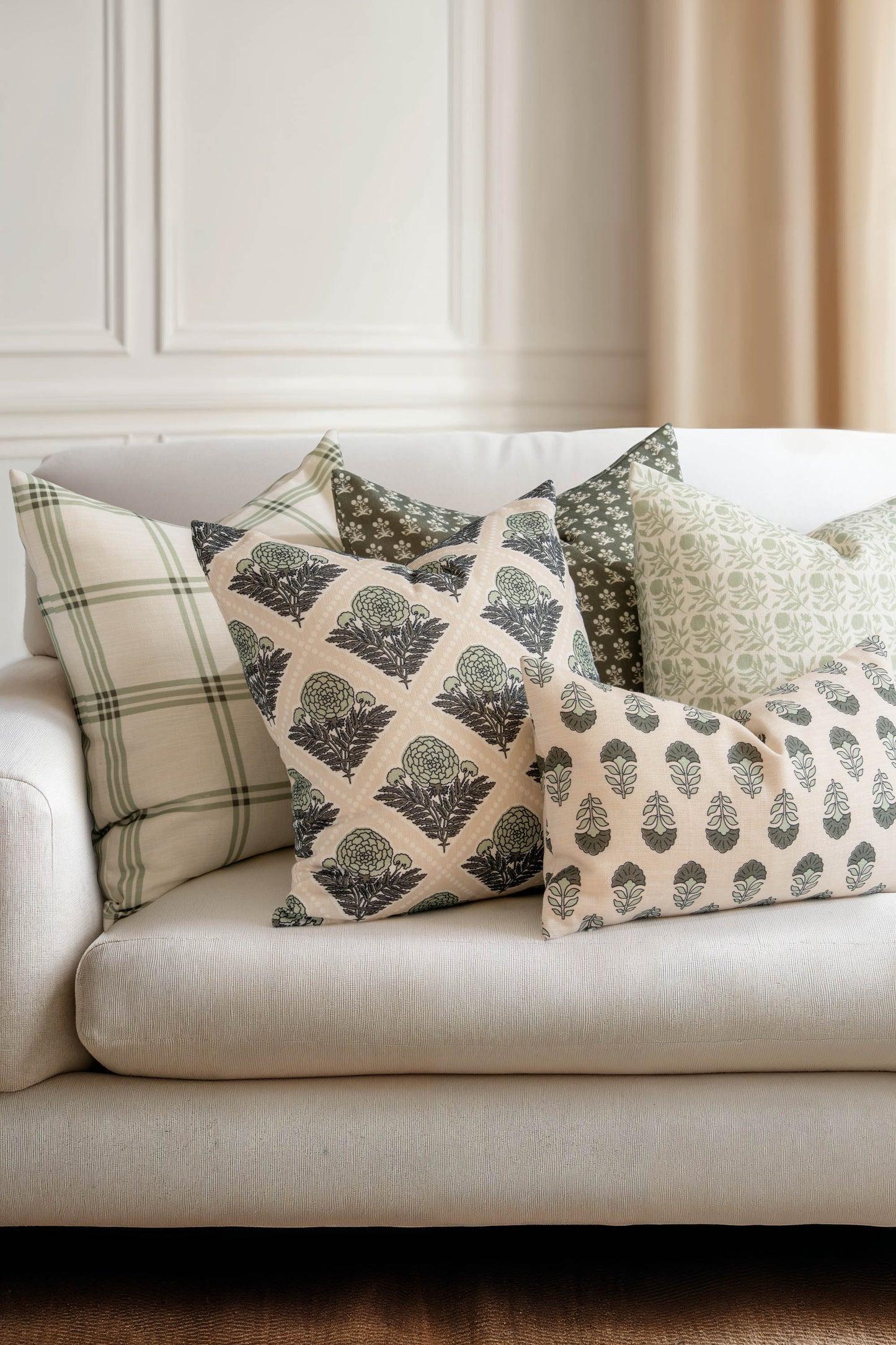 Monterra Indoor Outdoor Lumbar Pillow Cover, Block Print Flowers, Earth Tone Olive Green Neutral, 12"x20"