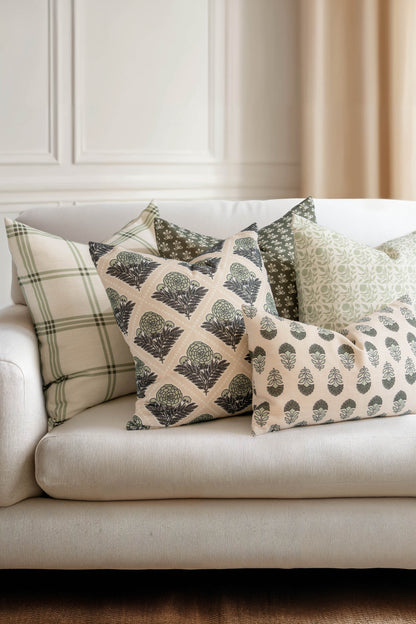 Monterra Indoor Outdoor Lumbar Pillow Cover, Block Print Flowers, Earth Tone Olive Green Neutral, 12"x20"
