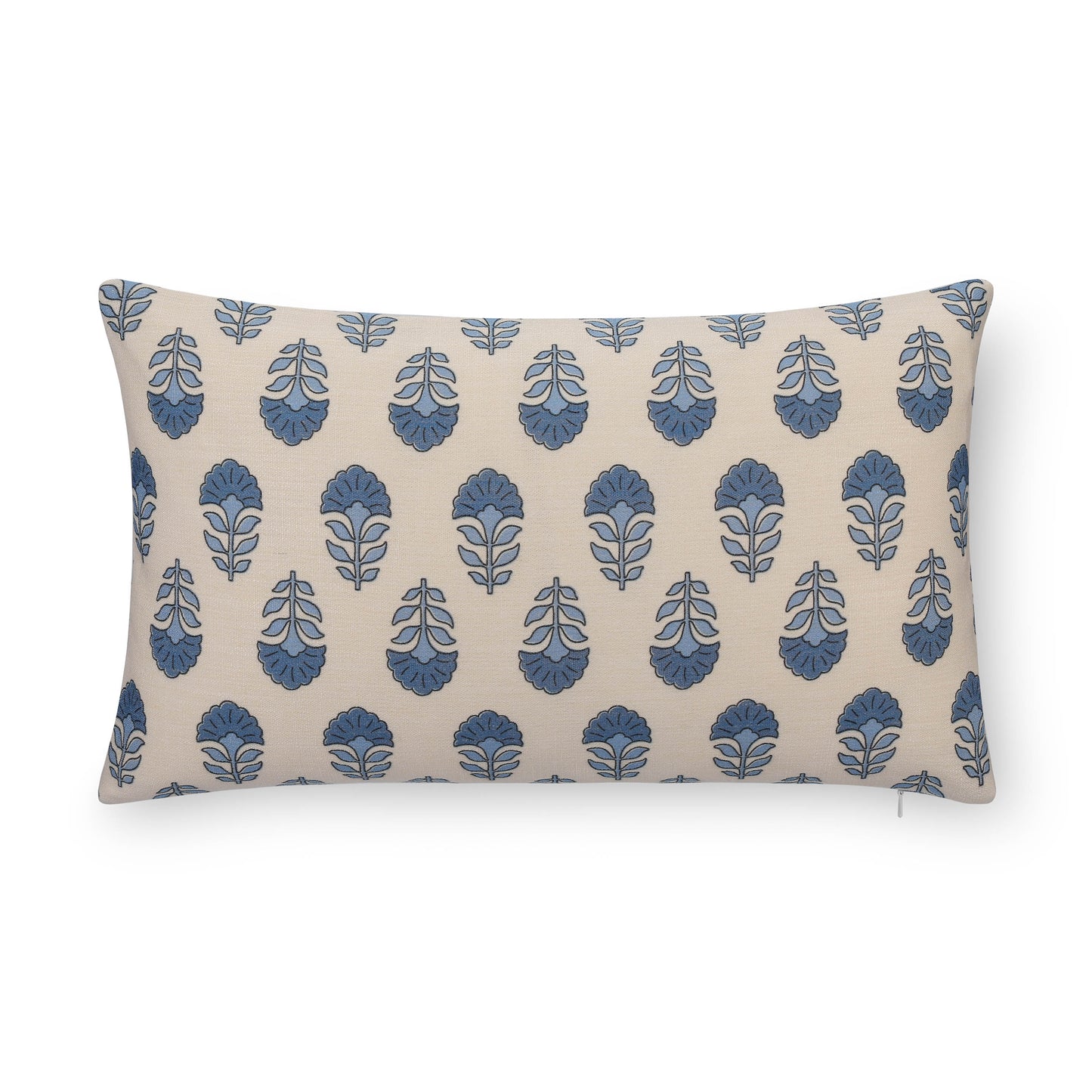 Monterra Indoor Outdoor Lumbar Pillow Cover, Block Print Flowers, Earth Tone  Azure Blue Neutral, 12"x20"