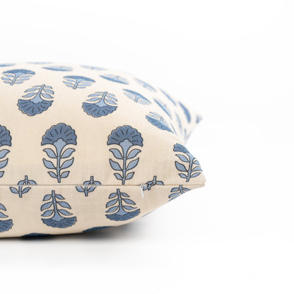 Monterra Indoor Outdoor Lumbar Pillow Cover, Block Print Flowers, Earth Tone  Azure Blue Neutral, 12"x20"