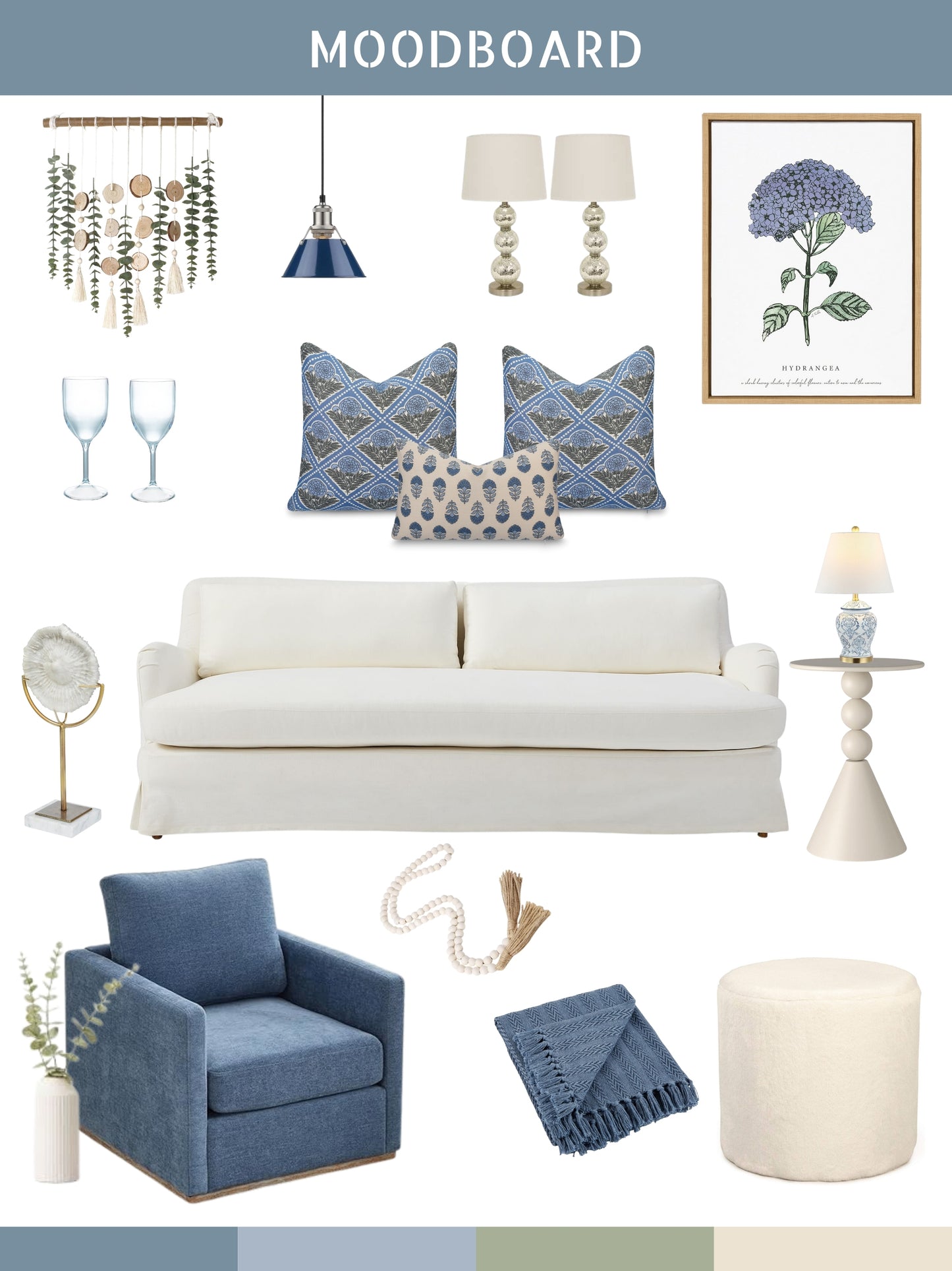 Monterra Indoor Outdoor Lumbar Pillow Cover, Block Print Flowers, Earth Tone  Azure Blue Neutral, 12"x20"